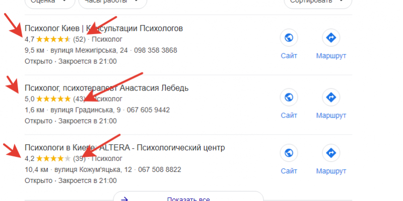 Выдача поисковой системы — страницы Google My Business — отзывы