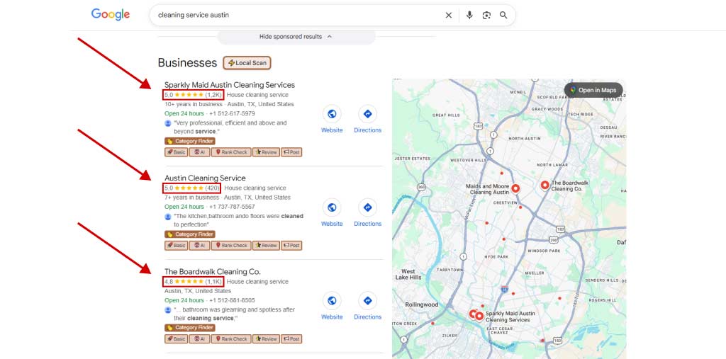 Количество и средняя оценка отзывов клининговых компаний, занимающих ТОП